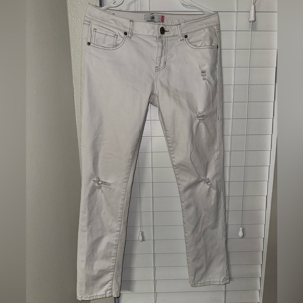 CAbi Cream Distressed Jeans with Stylish Button size 6